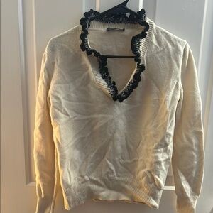 Alexander McQueen Amazing Cream and Black Ruffled V-Neck Sweater